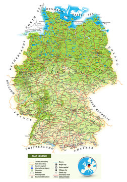 Large detailed physical map of Germany