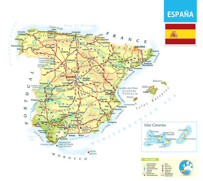 Detailed physical map of Spain