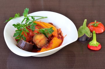 Appetizer of eggplant, peppers, tomatoes