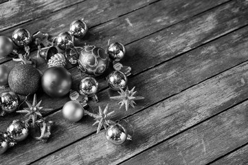Christmas baubles on a wooden table