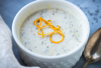 Chia pudding with oranges and shredded coconut