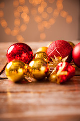 Christmas baubles on a wooden table
