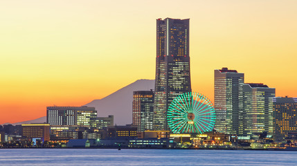 Yokohama city view with Mountain Fuji at beautiful sunset time