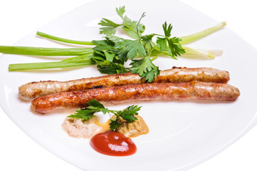 Fried Munich sausages with sauces, green onion and parsley