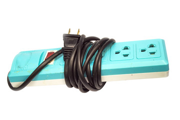 power strip old or extension block laying isolate on white backg
