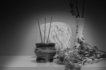 still life chrysanthemum and incense black and white style