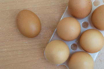 Chicken egg on wood and chicken eggs in panel eggs on wood backg