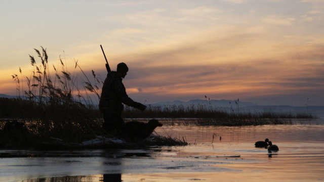 hunter and his dog on a pond