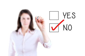 Young business woman drawing in a whiteboard, white background. 