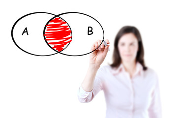 Young businesswoman drawing intersected circle diagram on whiteboard, white background. 