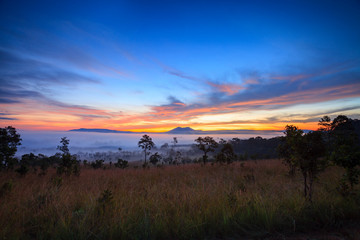 misty morning sunrise in mountain at Thung Salang Luang National
