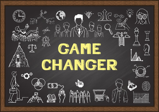 Doodle about game changer on a chalkboard.