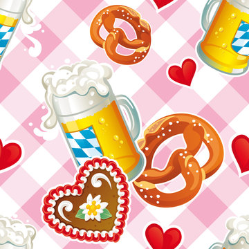 Seamless Oktoberfest background with beer mug, Gingerbread hearts and Pretzel on pink checked background