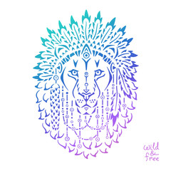 Lion in war bonnet, animal illustration, native american poster