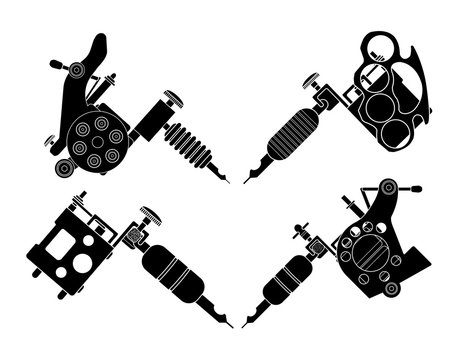 Set of 4 different style tattoo machines. Silhouettes