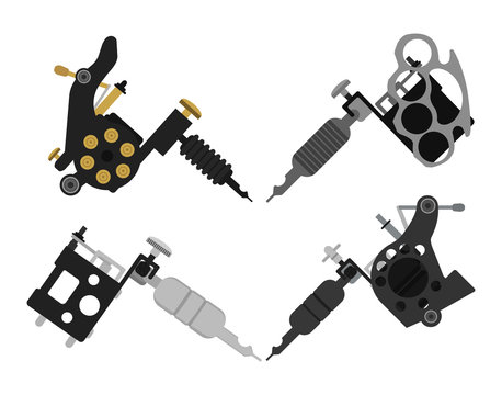 Set of 4 different style tattoo machines. No outline