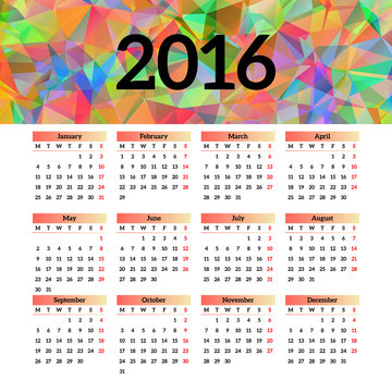 Calendar 2016 template design with header picture starts monday
