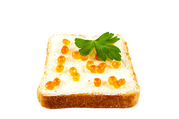 Sandwich with red caviaron white background.