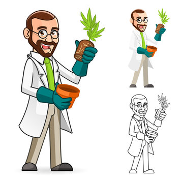 High Quality Plant Scientist Cartoon Character Inspecting The Roots of a Plant Include Flat Design and Line Art Version