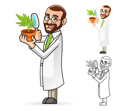 High Quality Plant Scientist Cartoon Character Looking at a Plant Through a Magnifying Glass Include Flat Design and Line Art Version