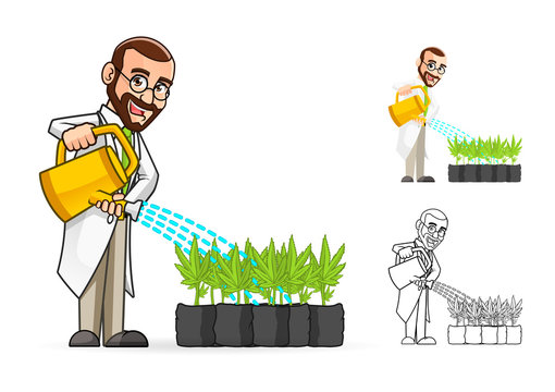 High Quality Plant Scientist Cartoon Character Watering The Plants Include Flat Design and Line Art Version