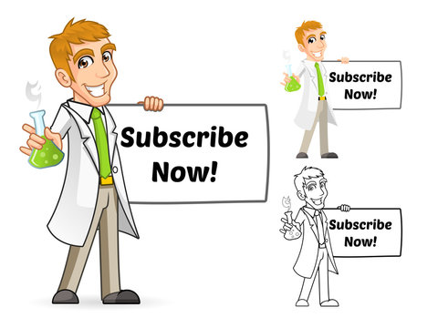 High Quality Scientist Cartoon Character Holding a Beaker and Banner Include Flat Design and Line Art Version