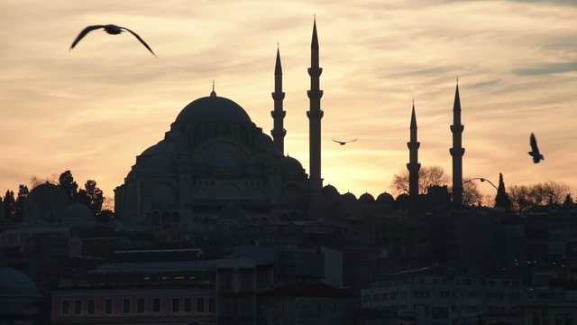 Sunset behind Suleymaniye Mosque in Istanbul Turkey Slow Motion