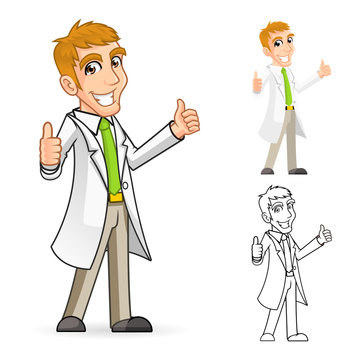 High Quality Scientist Cartoon Character with Thumbs Up Arms Include Flat Design and Line Art Version