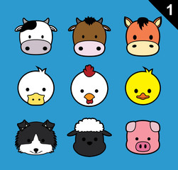 Flat Animal Faces Stroke Icon Cartoon Vector Set 1 (Farm Animals)