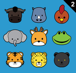Flat Animal Faces Stroke Icon Cartoon Vector Set 2 (Forest)