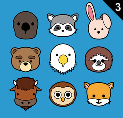 Flat Animal Faces Stroke Icon Cartoon Vector Set 3 (US)