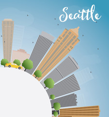 Seattle City Skyline with Grey Buildings, Blue Sky and copy spac