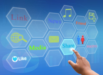hand pressing Social media and networking concept and virtual touch screen