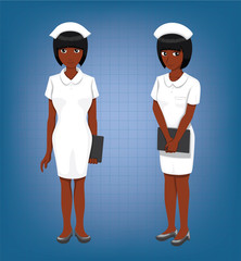 Black Nurse Full Body Poses Cartoon Vector Illustration