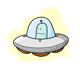 UFO, a hand drawn vector illustration of an alien driving its UFO, isolated on a simple background (editable).
