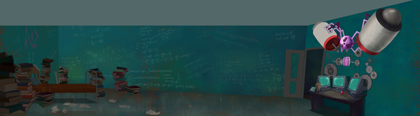 Obraz premium Radioactive Machine with Engine Turbines in a Bedroom Laboratory full of Books and Computers. Digital background raster illustration.