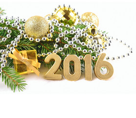 2016 year golden figures and Christmas decorations