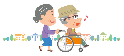 老老介護　車椅子　高齢者　町並　