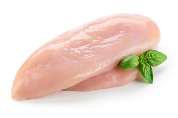 Raw chicken fillet with basil isolated on white