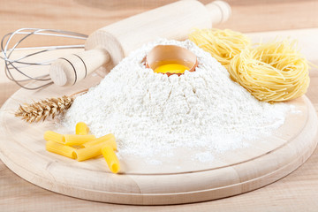 Baking ingredients for cooking on a wooden board