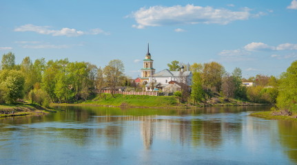 Rural Church in the park on the river bank
