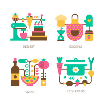 Cooking on the kitchen: all types of dishes. Vegetables for the soup, ingredients for the salad, delicious bakery, dessert and beverages. Vector flat icon and illustration set

