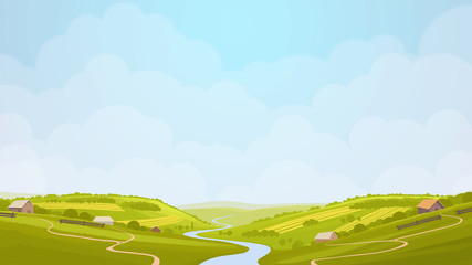 Green countryside view in the sun. Summer day in village, fields. Digital background raster illustration.