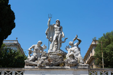 Fototapeta na wymiar Neptune, the Roman God of Water, sculpture on the Fontana del Nettuno fountain, Piazza del Popolo square, old city centre, Rome