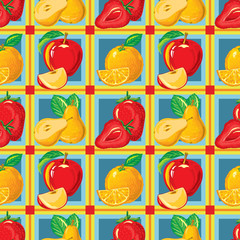 seamless pattern of ripe strawberry, apple, orange, pear and slices of them