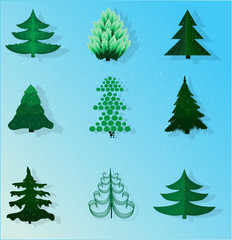 Fototapeta premium Set of Christmas trees on a blue background.