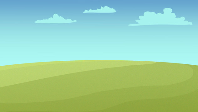 Wide green fields under the cloudy sky. Digital background raster illustration.