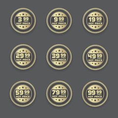 Fototapeta na wymiar Set of golden retro vector price badges.