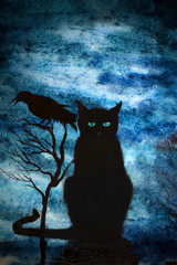 black cat and crows