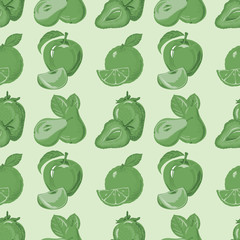 seamless pattern of ripe strawberry, apple, orange, pear and slices of them